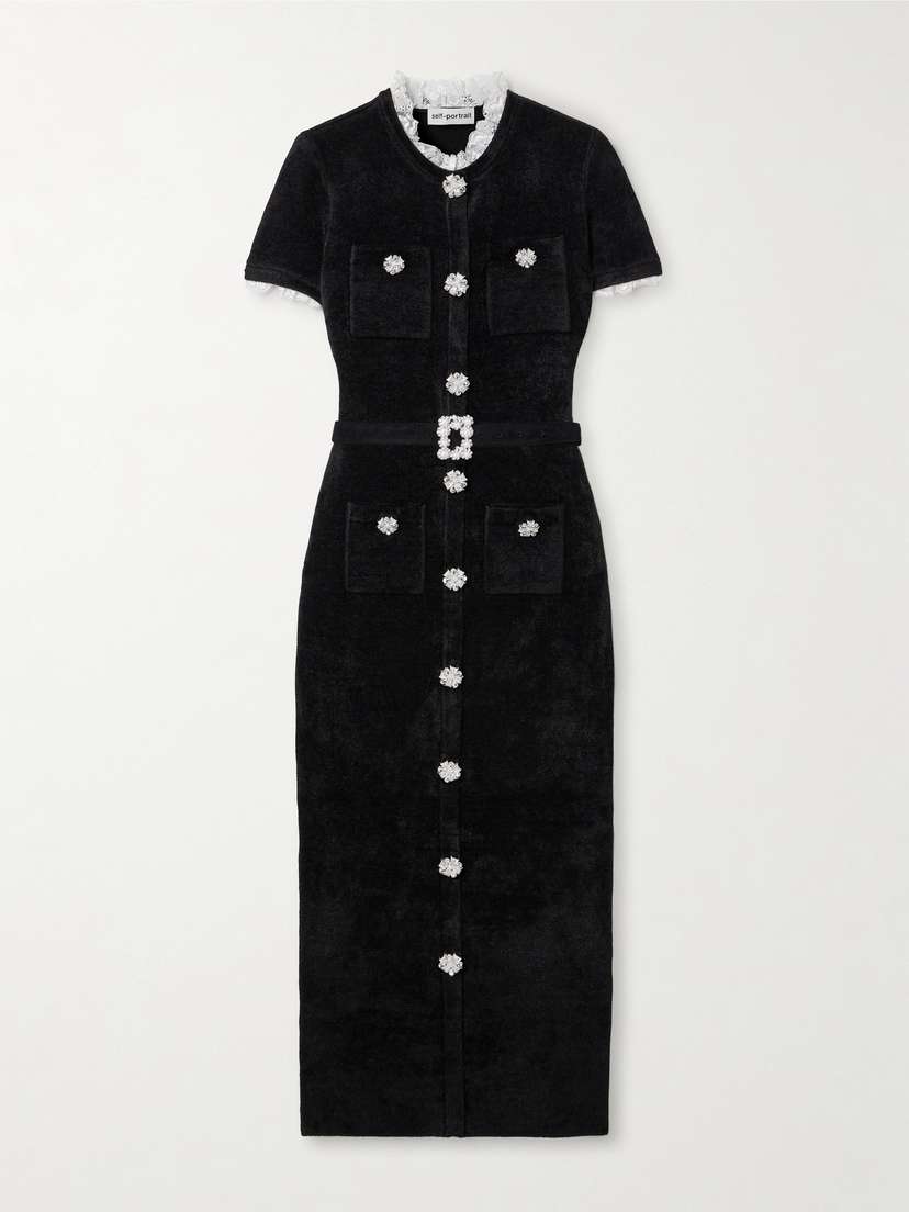 Self-Portrait Crystal-embellished Lace-trimmed Chenille Midi Dress