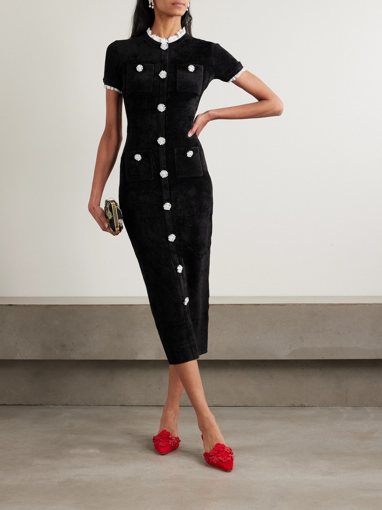 Self-portrait Womens Black Crystal-embellished Lace-trim Chenille-knit Midi Dress In Black