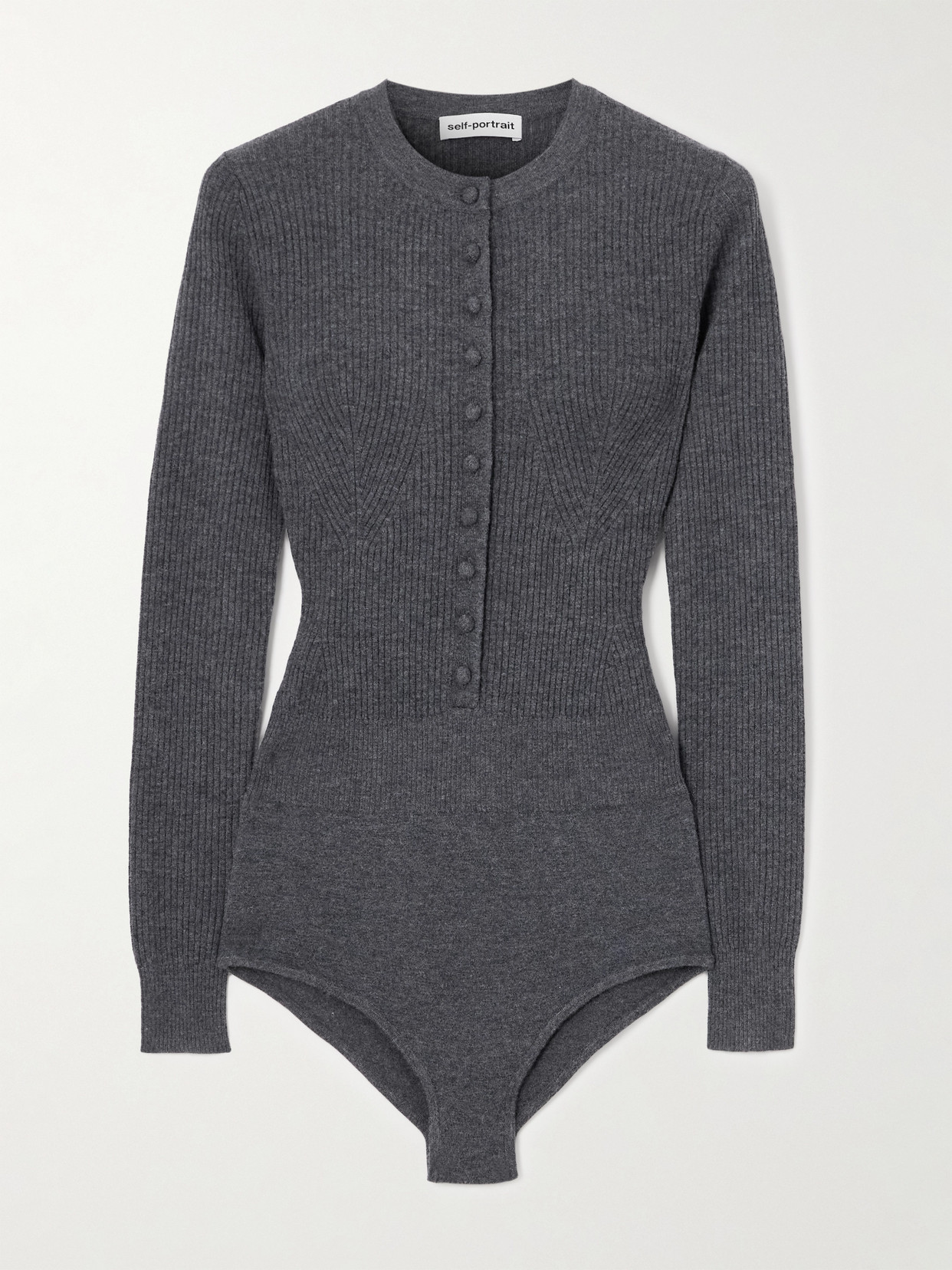 Self-portrait Ribbed-knit Wool Bodysuit In Gray
