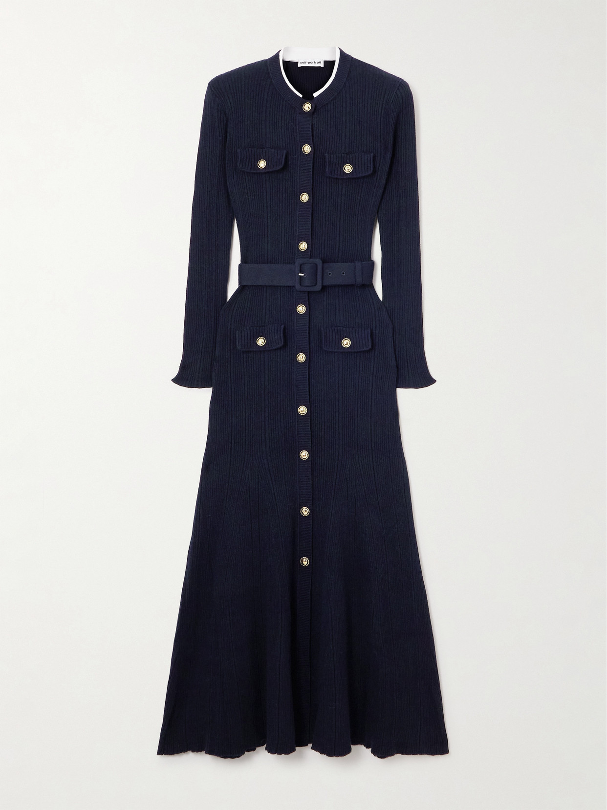Self-portrait Belted Ribbed-knit Midi Dress In Blue