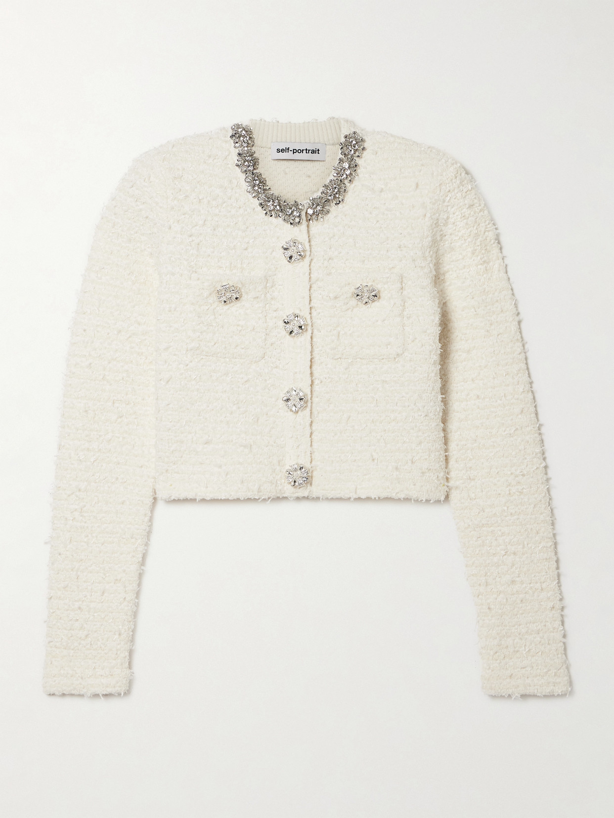 Self-portrait Cropped Crystal-embellished Cotton-blend Bouclé Cardigan In White