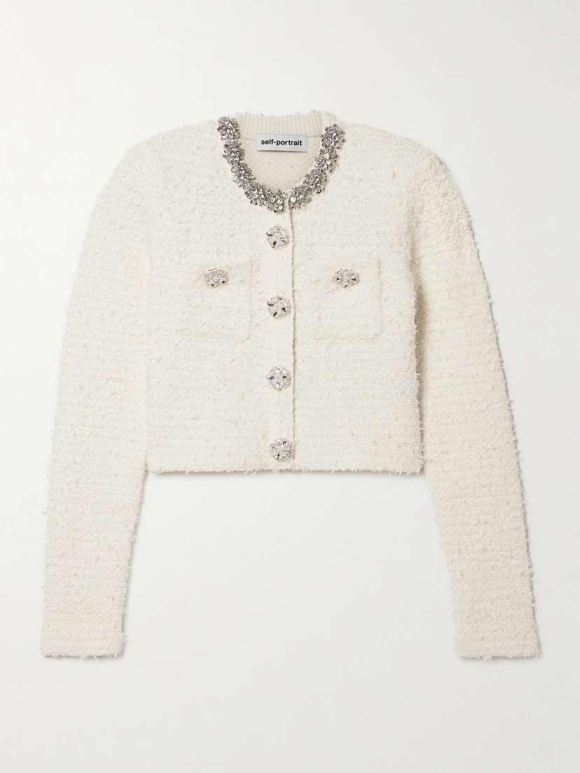 Self-Portrait Cropped Crystal-embellished Cotton-blend Bouclé Cardigan