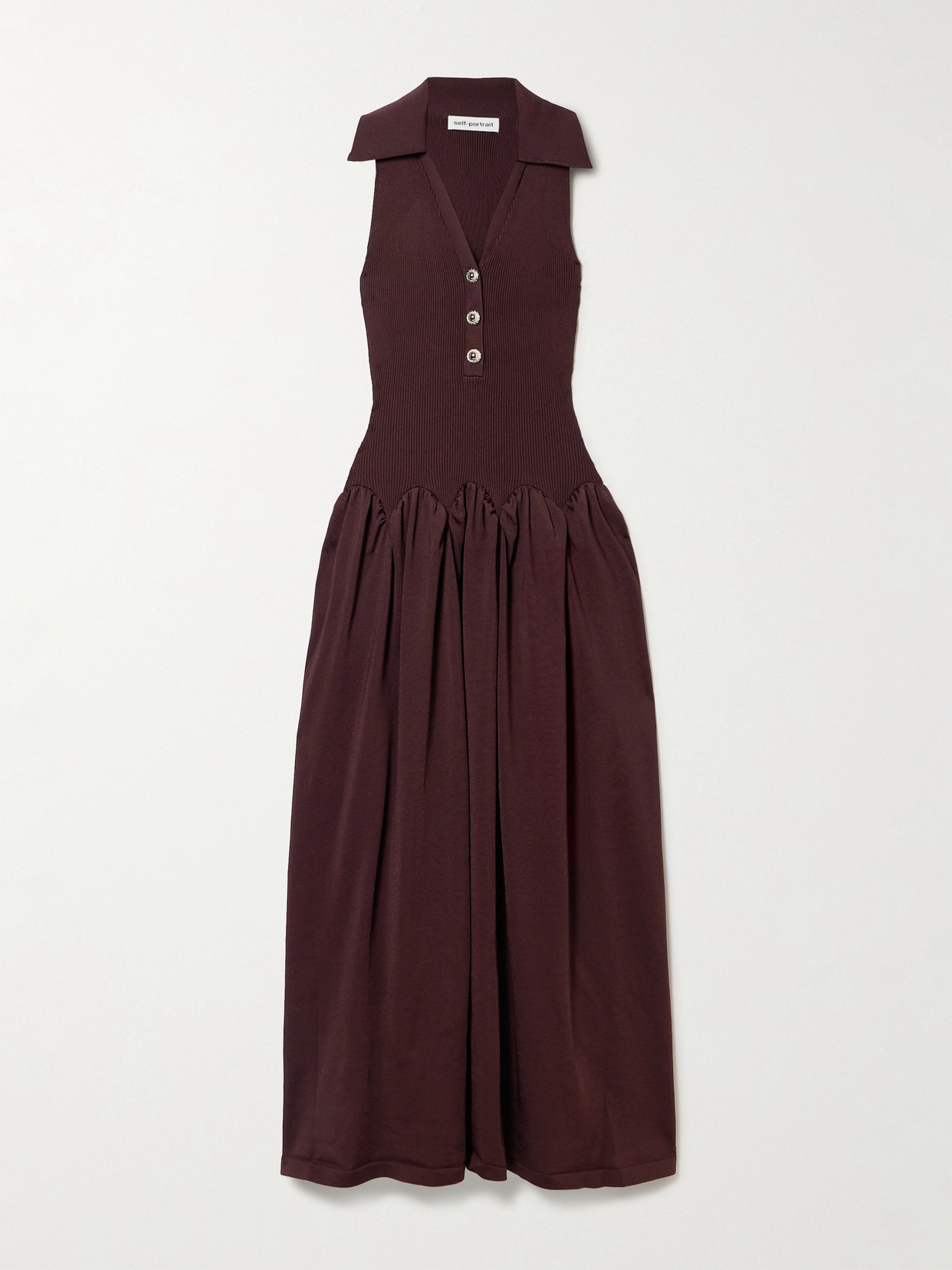 Self-portrait Embellished Ribbed-knit And Poplin Maxi Dress In Brown