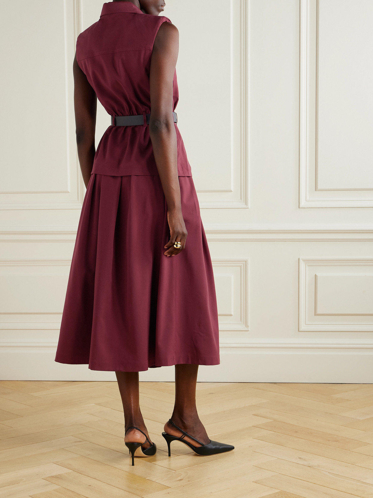 Self-portrait Belted Layered Pleated Twill Midi Dress In Burgundy