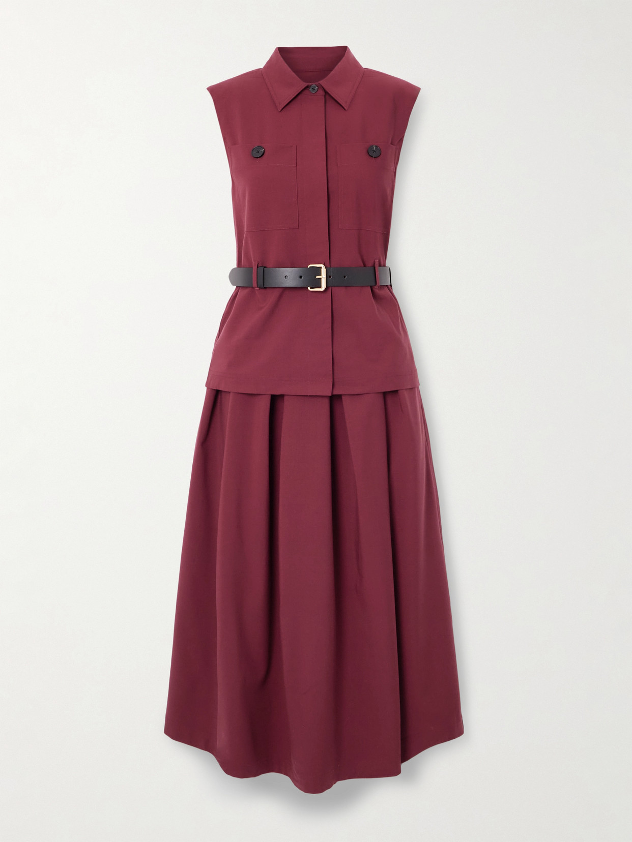 Self-portrait Belted Layered Pleated Twill Midi Dress In Burgundy