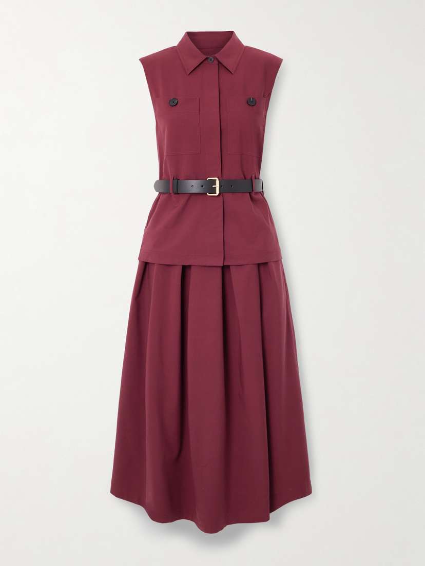 Self-Portrait Belted Layered Pleated Twill Midi Dress