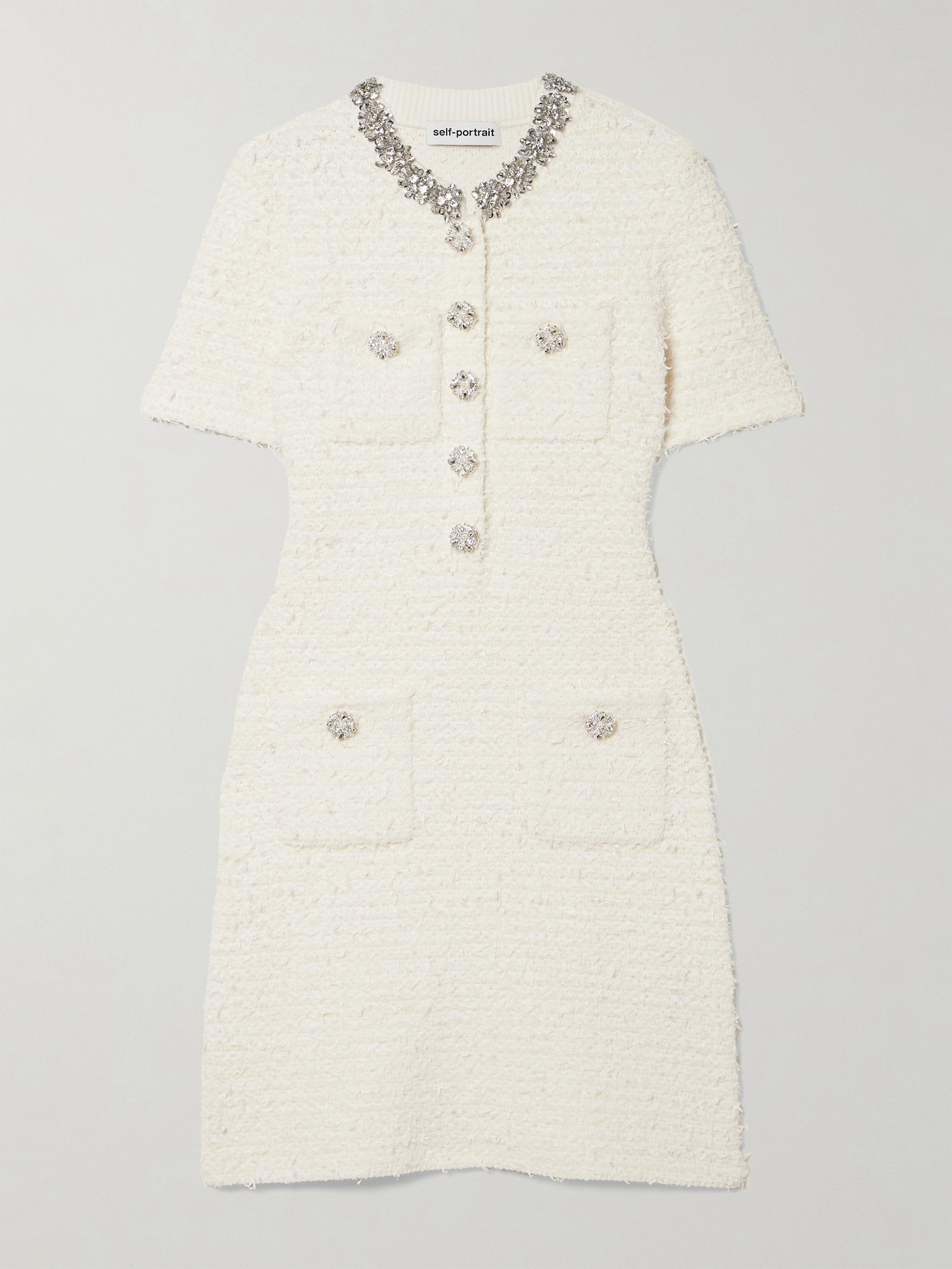 Self-portrait Crystal-embellished Cotton-blend Bouclé Mini Dress In White