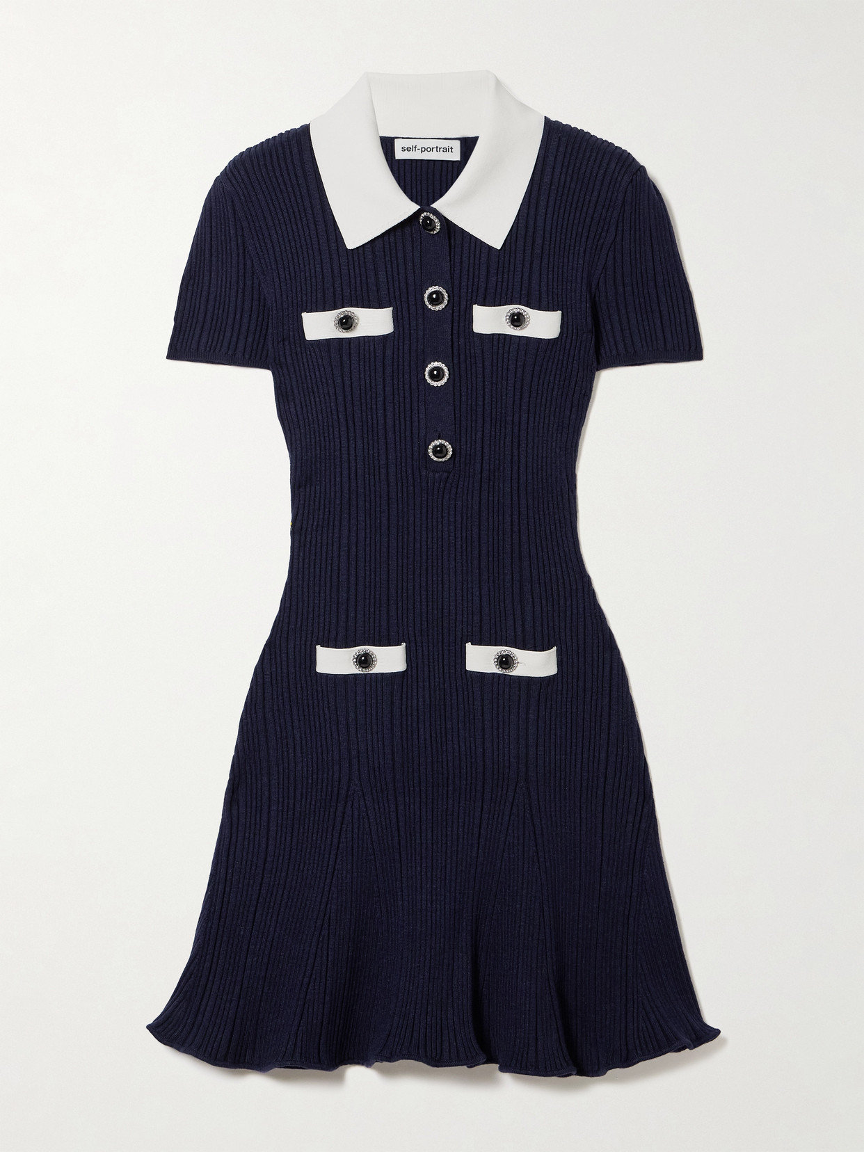 Self-portrait Button-embellished Ribbed-knit Mini Dress In Blue