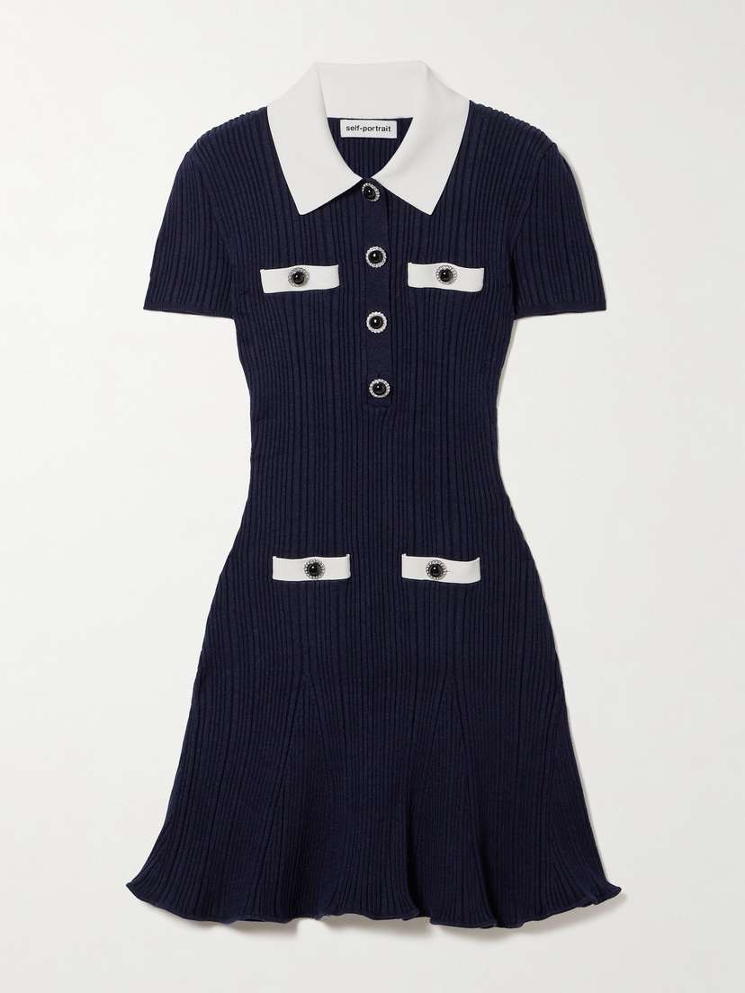 Self-Portrait Button-embellished Ribbed-knit Mini Dress