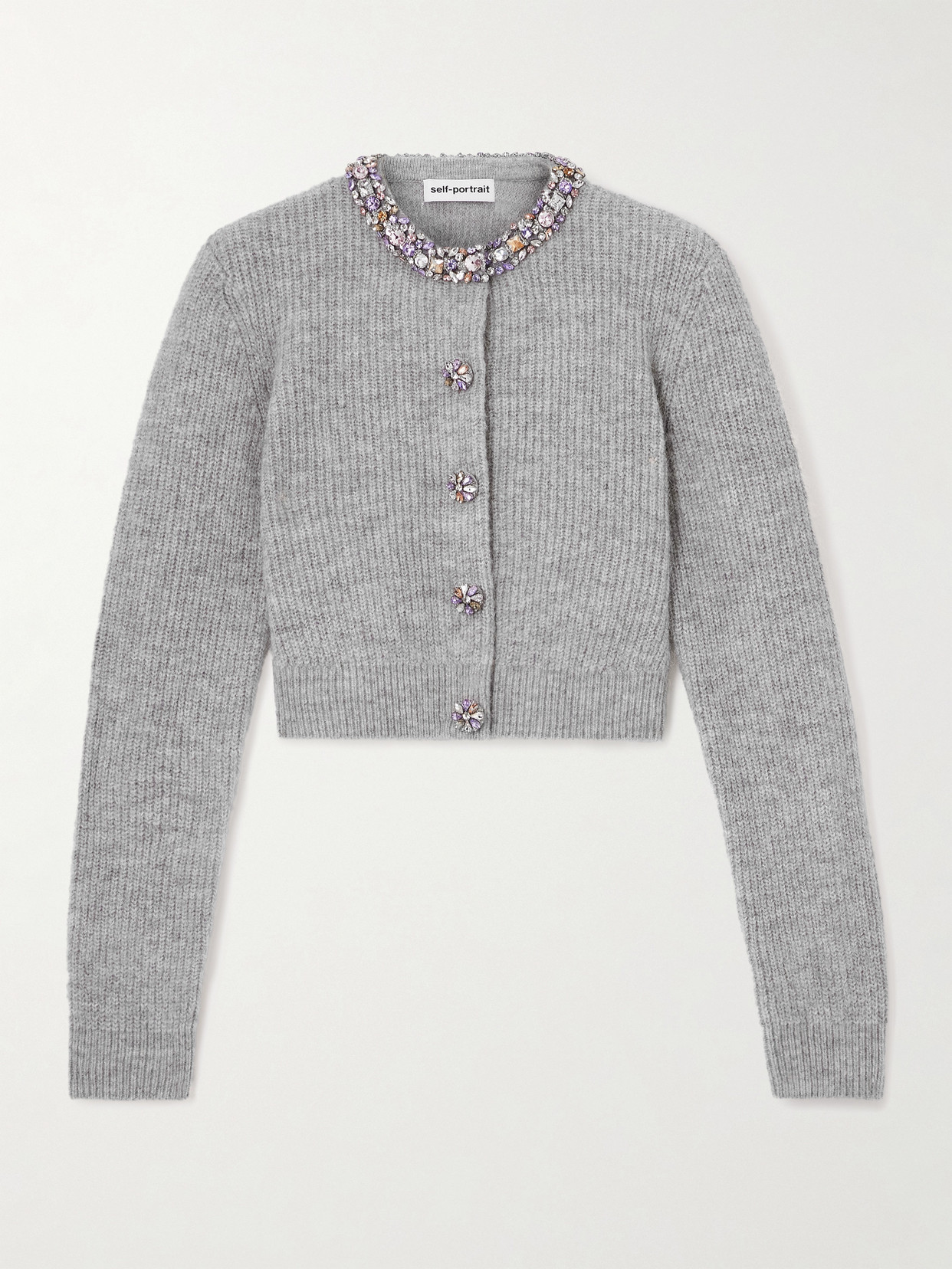 Self-portrait Crystal-embellished Ribbed-knit Cardigan In Gray