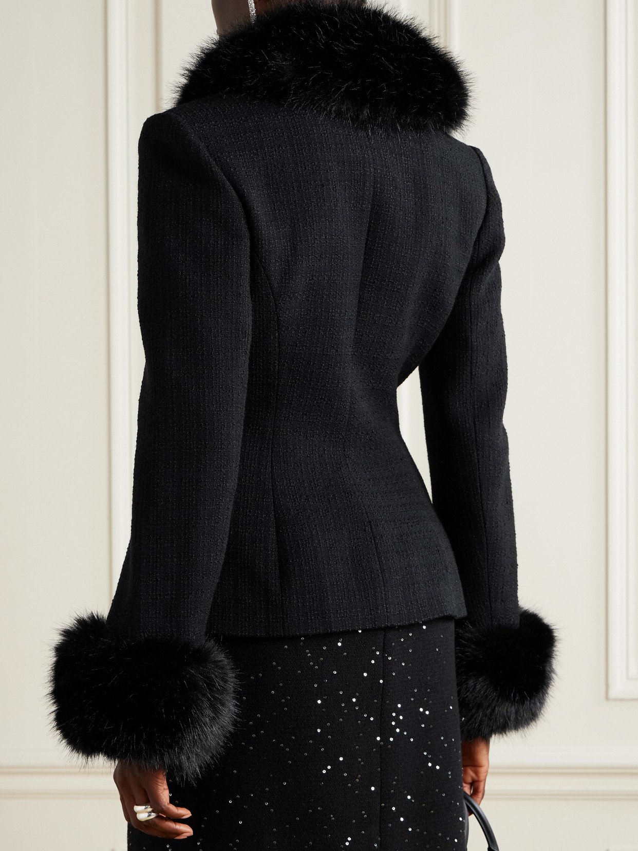 Self-portrait Fur-trimmed Tweed Jacket In Black