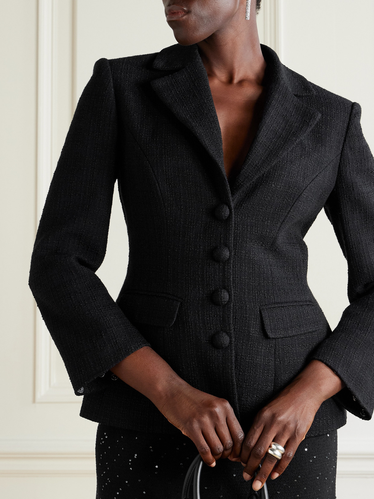 Self-portrait Fur-trimmed Tweed Jacket In Black