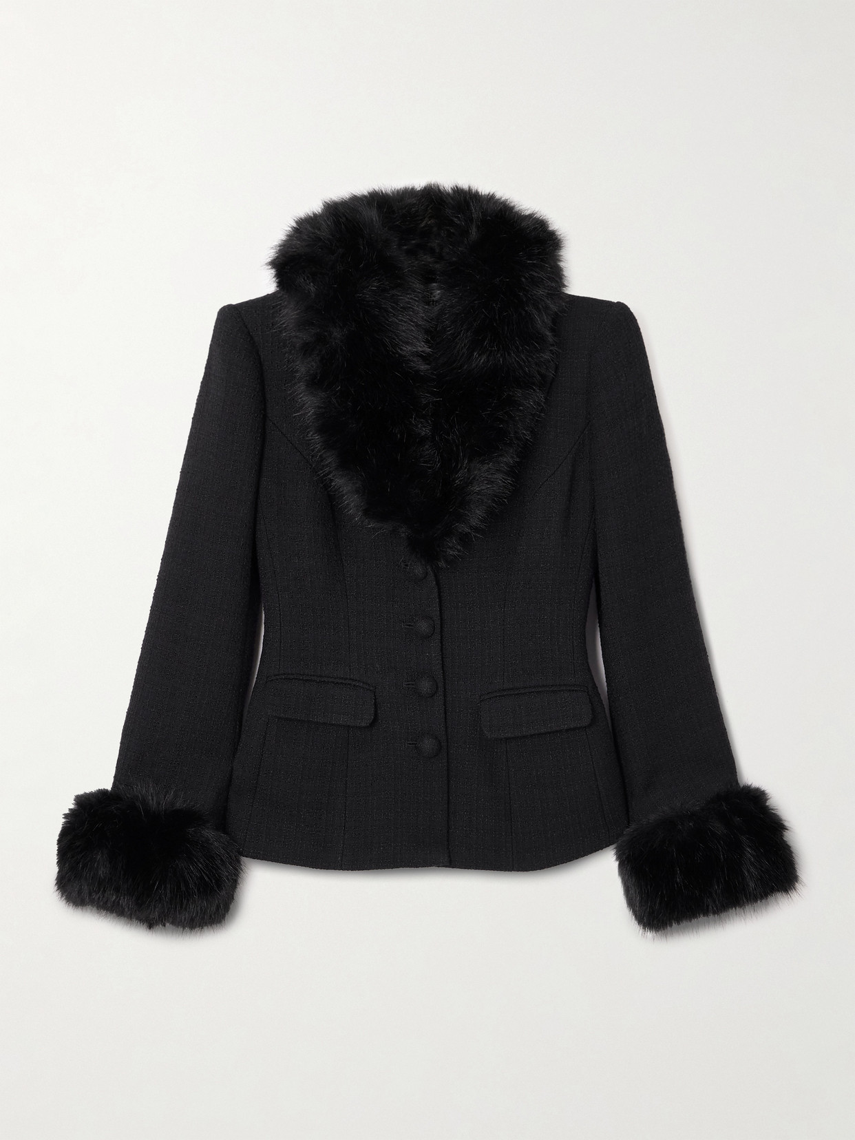 Self-portrait Fur-trimmed Tweed Jacket In Black