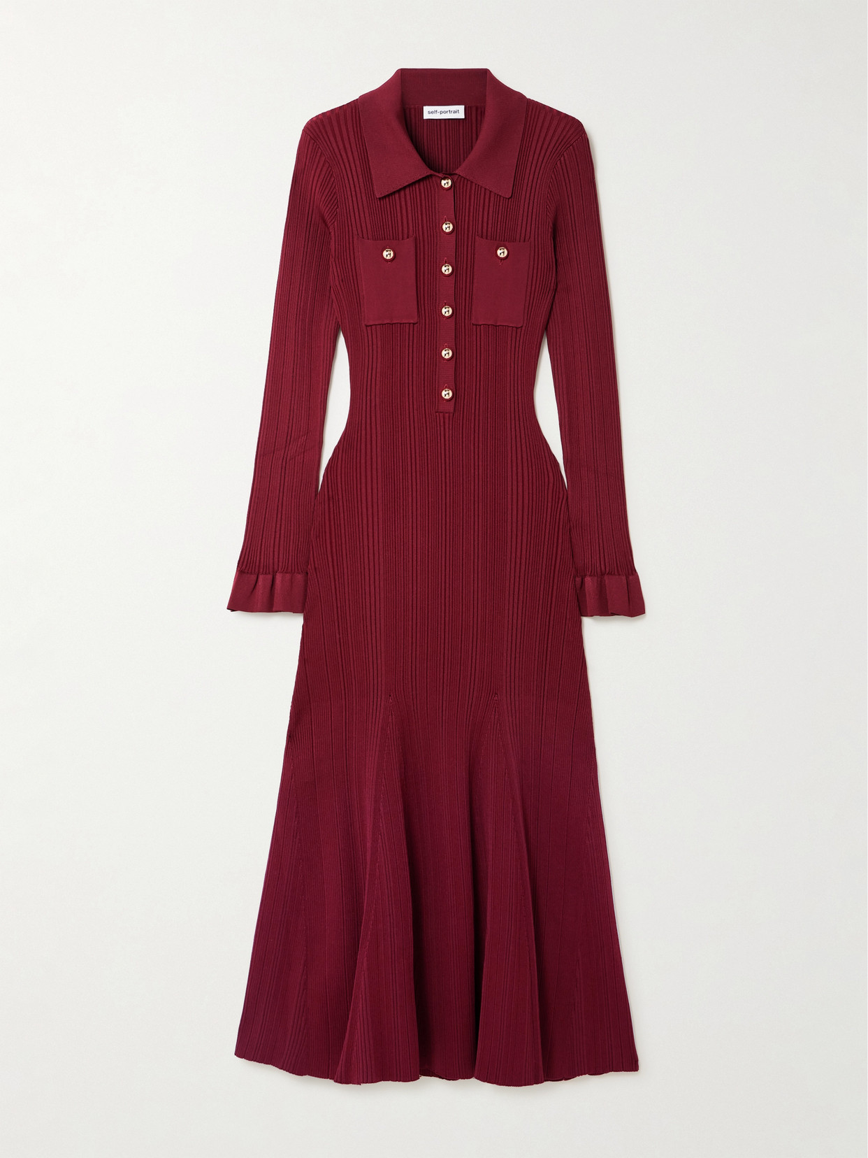 Self-portrait Button-embellished Ribbed-knit Midi Dress In Burgundy