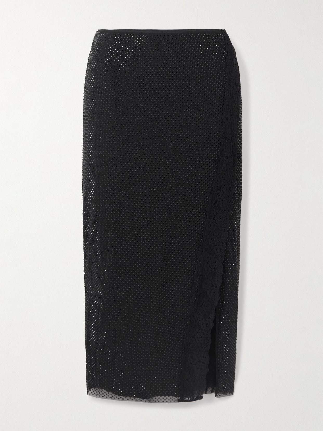 Self-portrait Crystal-embellished Lace-trimmed Mesh Midi Skirt In Black