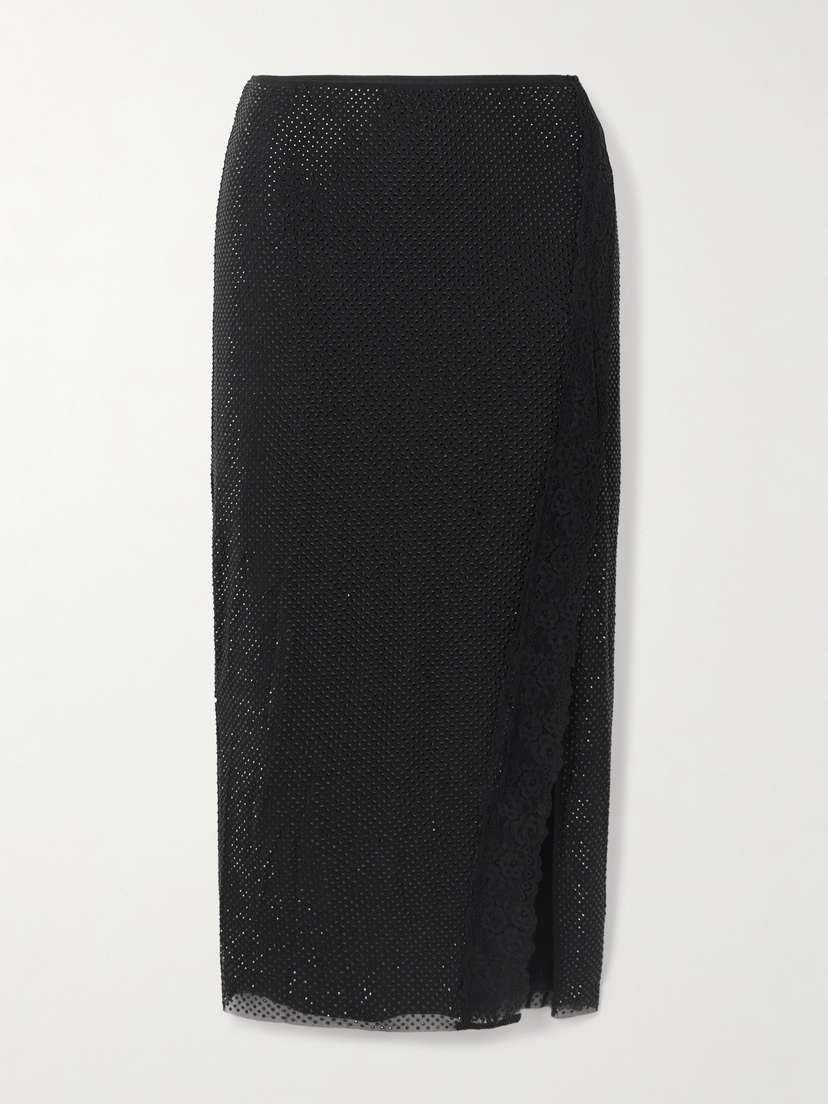 Self-Portrait Crystal-embellished Lace-trimmed Mesh Midi Skirt