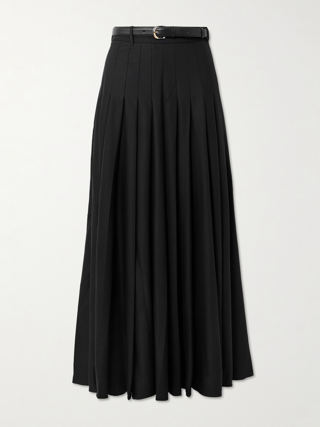 Self-portrait Belted Leather-trimmed Pleated Twill Maxi Skirt In Black