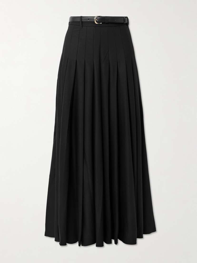 Self-Portrait Belted Leather-trimmed Pleated Twill Maxi Skirt