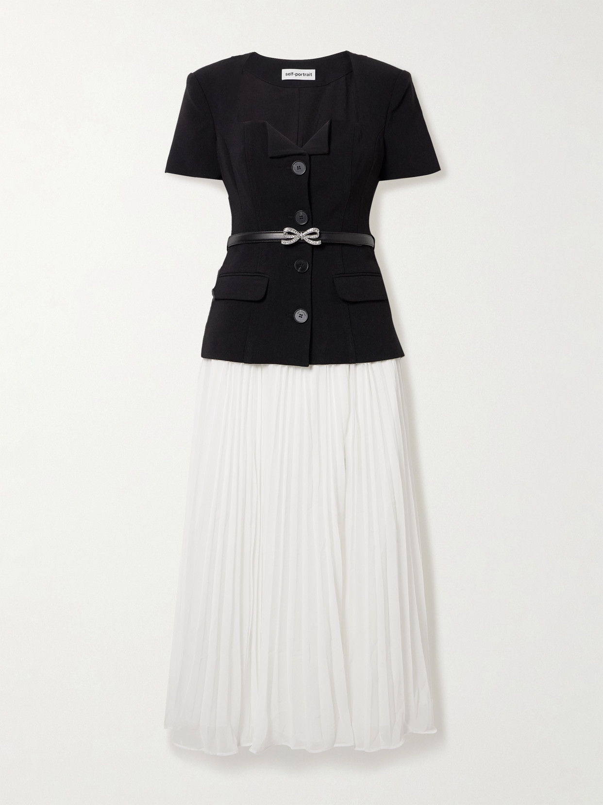 Self-portrait Embellished Belted Crepe And Pleated Chiffon Midi Dress In Multi