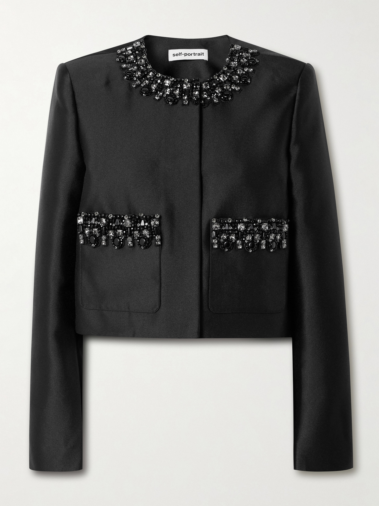 Self-portrait Black Taffeta Embellished Trim Jacket Clothing In Black