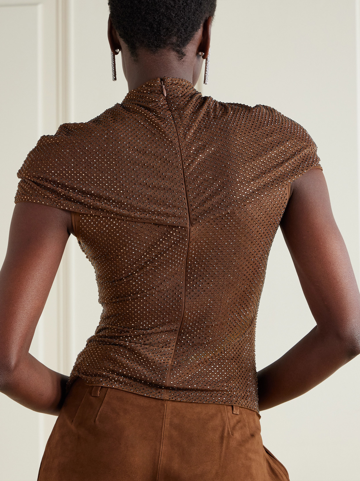 Self-portrait Gathered Cutout Crystal-embellished Mesh Top In Brown