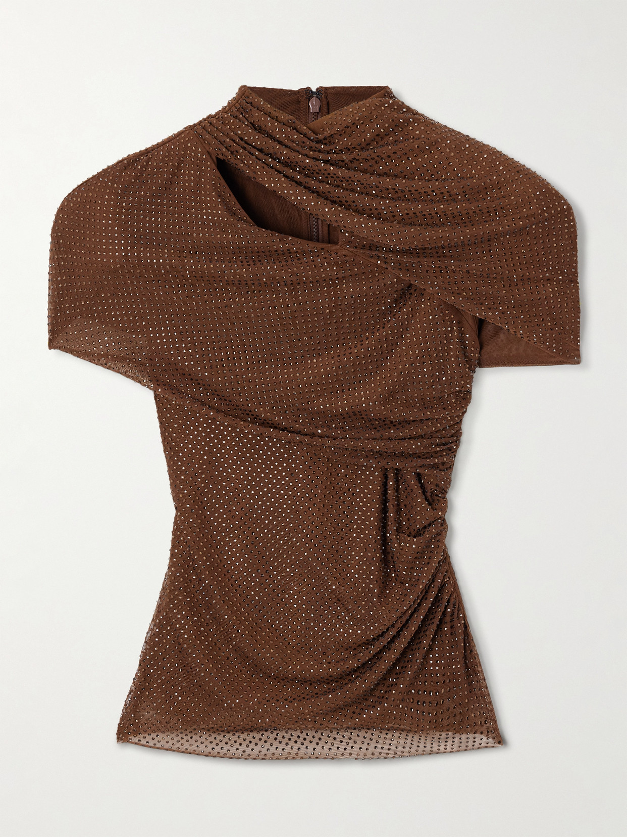 Self-portrait Gathered Cutout Crystal-embellished Mesh Top In Brown