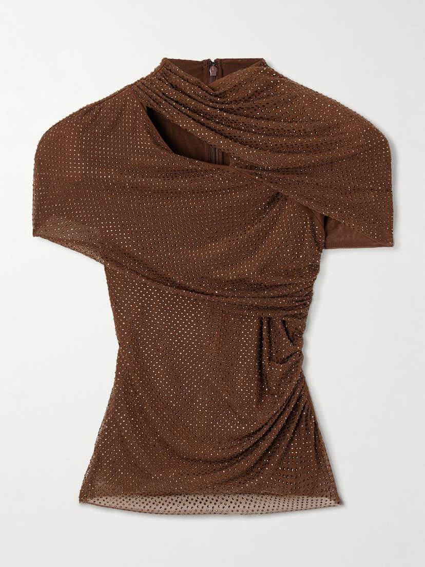 Self-Portrait Gathered Cutout Crystal-embellished Mesh Top