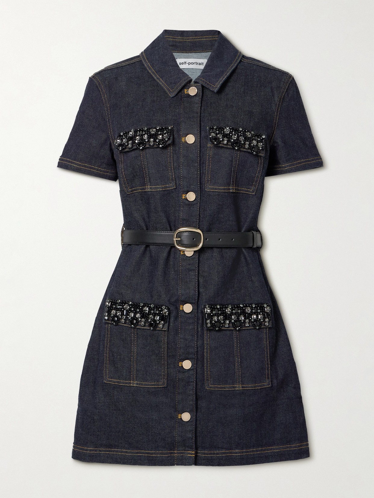 Self-portrait Womens Blue Crystal Short-sleeves Stretch-denim Blend Mini Dress In Blue