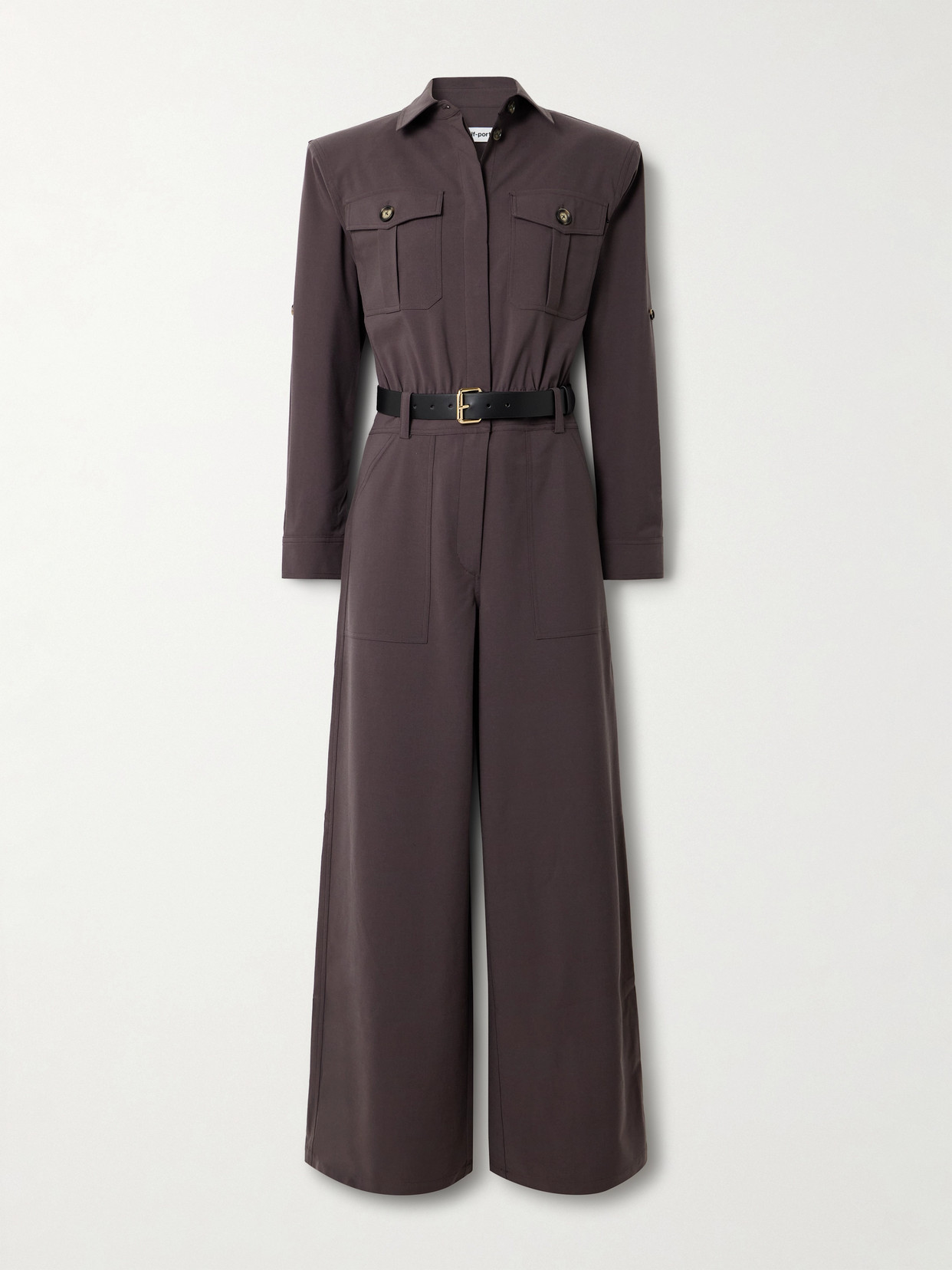 Self-portrait Belted Leather-trimmed Twill Jumpsuit In Black