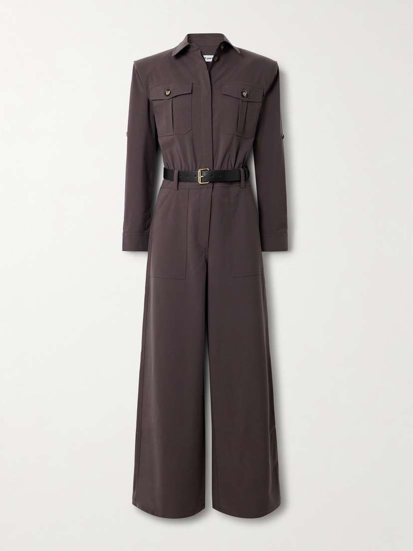 Self-Portrait Belted Leather-trimmed Twill Jumpsuit