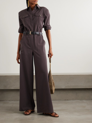 self-portrait Belted leather-trimmed twill jumpsuit