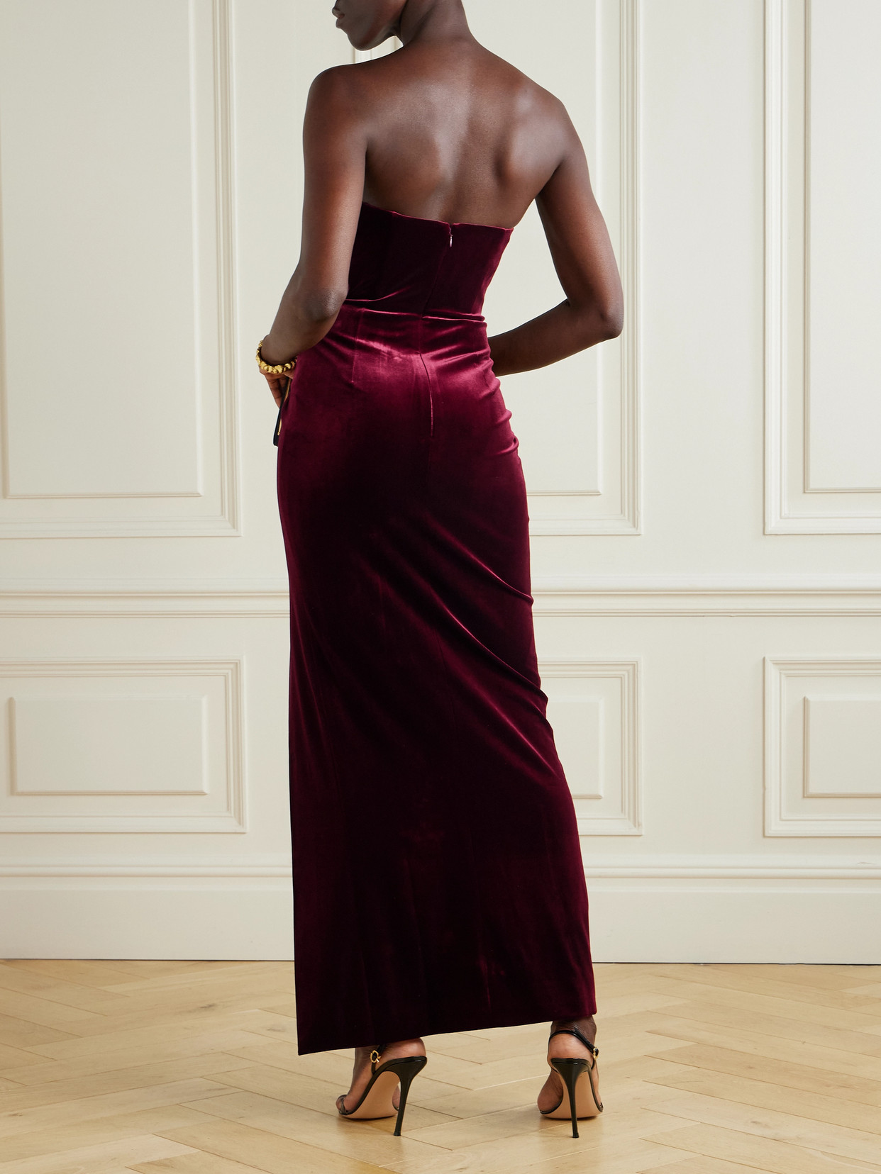 Self-portrait Strapless Cutout Embellished Gathered Velvet Maxi Dress In Brown