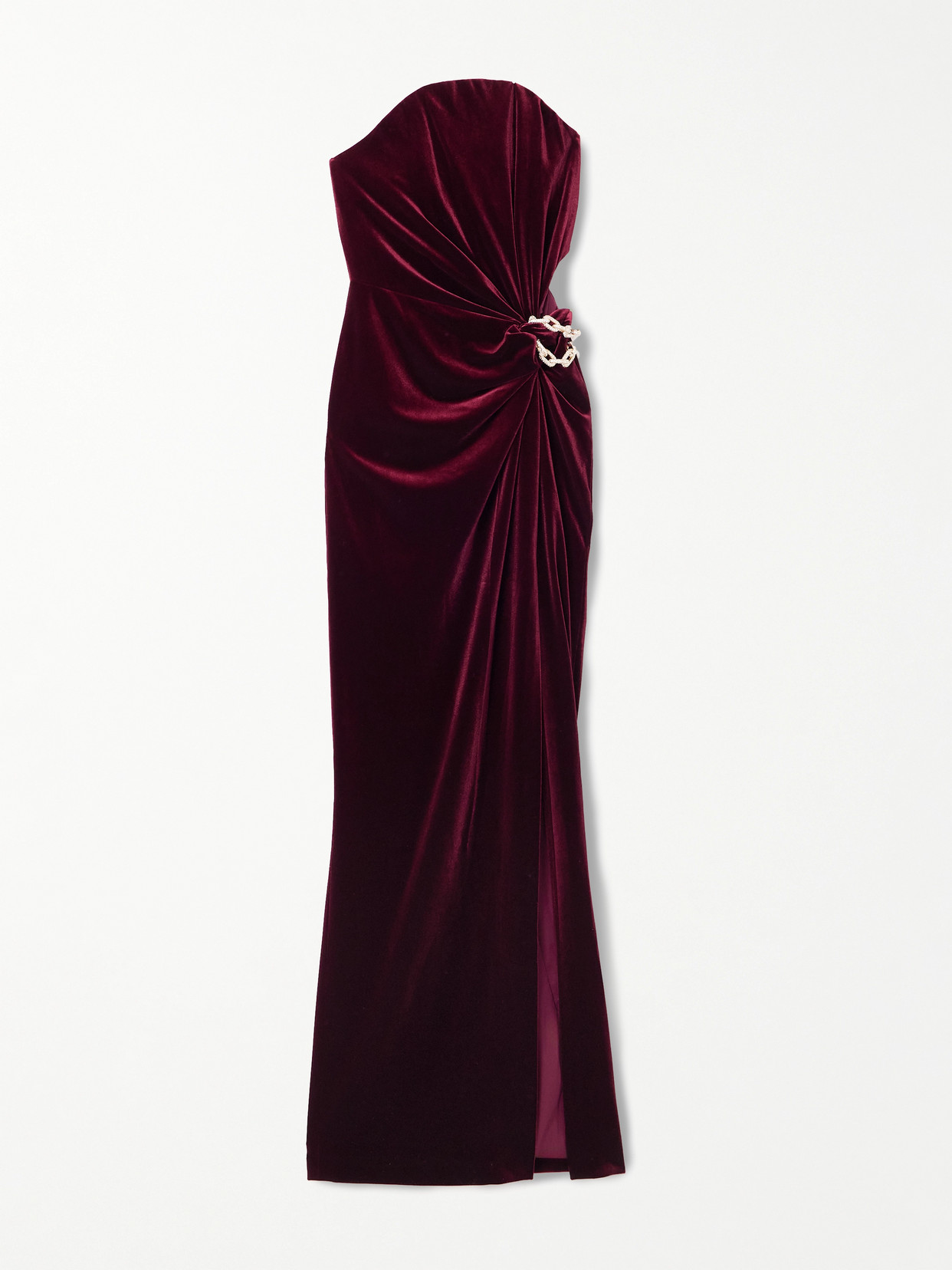 Self-portrait Strapless Cutout Embellished Gathered Velvet Maxi Dress In Burgundy