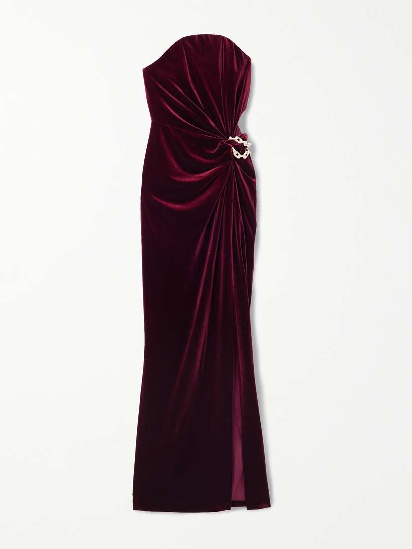 Self-Portrait Strapless Cutout Embellished Gathered Velvet Maxi Dress