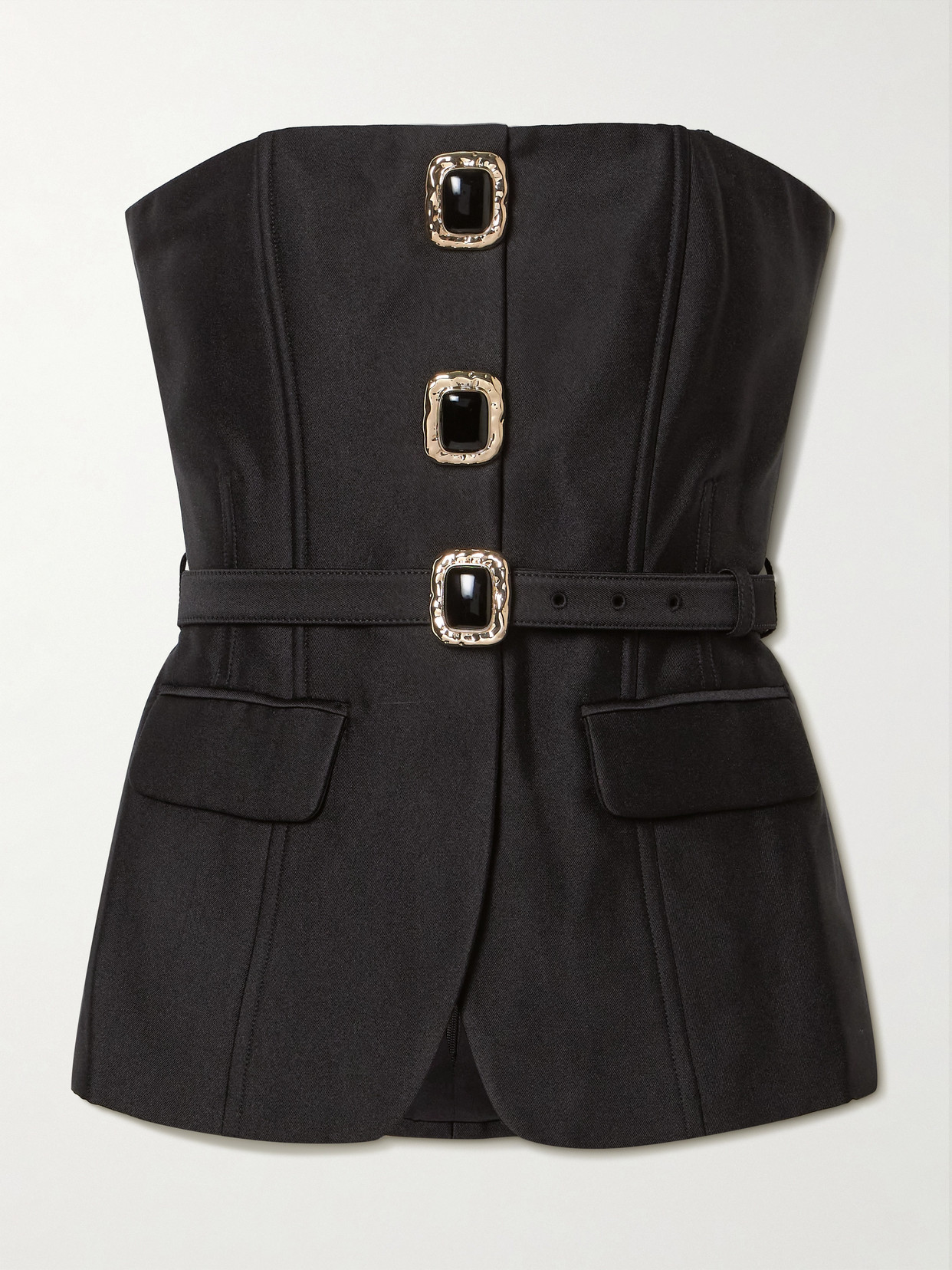 Self-portrait Strapless Belted Embellished Satin-twill Top In Black