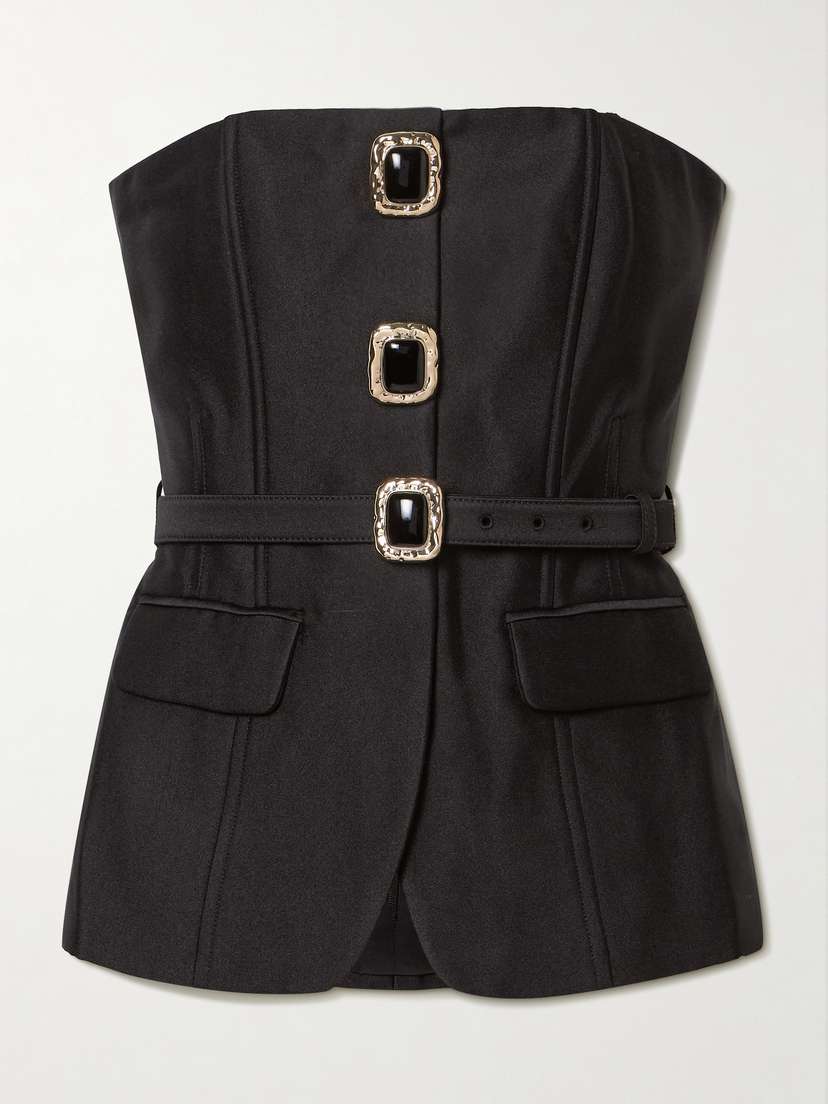 Self-Portrait Strapless Belted Embellished Satin-twill Top