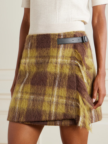 Loewe Leather-trimmed checked mohair and wool-blend mini wrap skirt