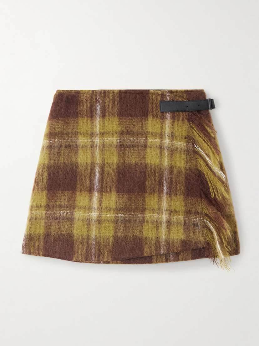 Loewe Leather-trimmed Checked Mohair And Wool-blend Mini Wrap Skirt