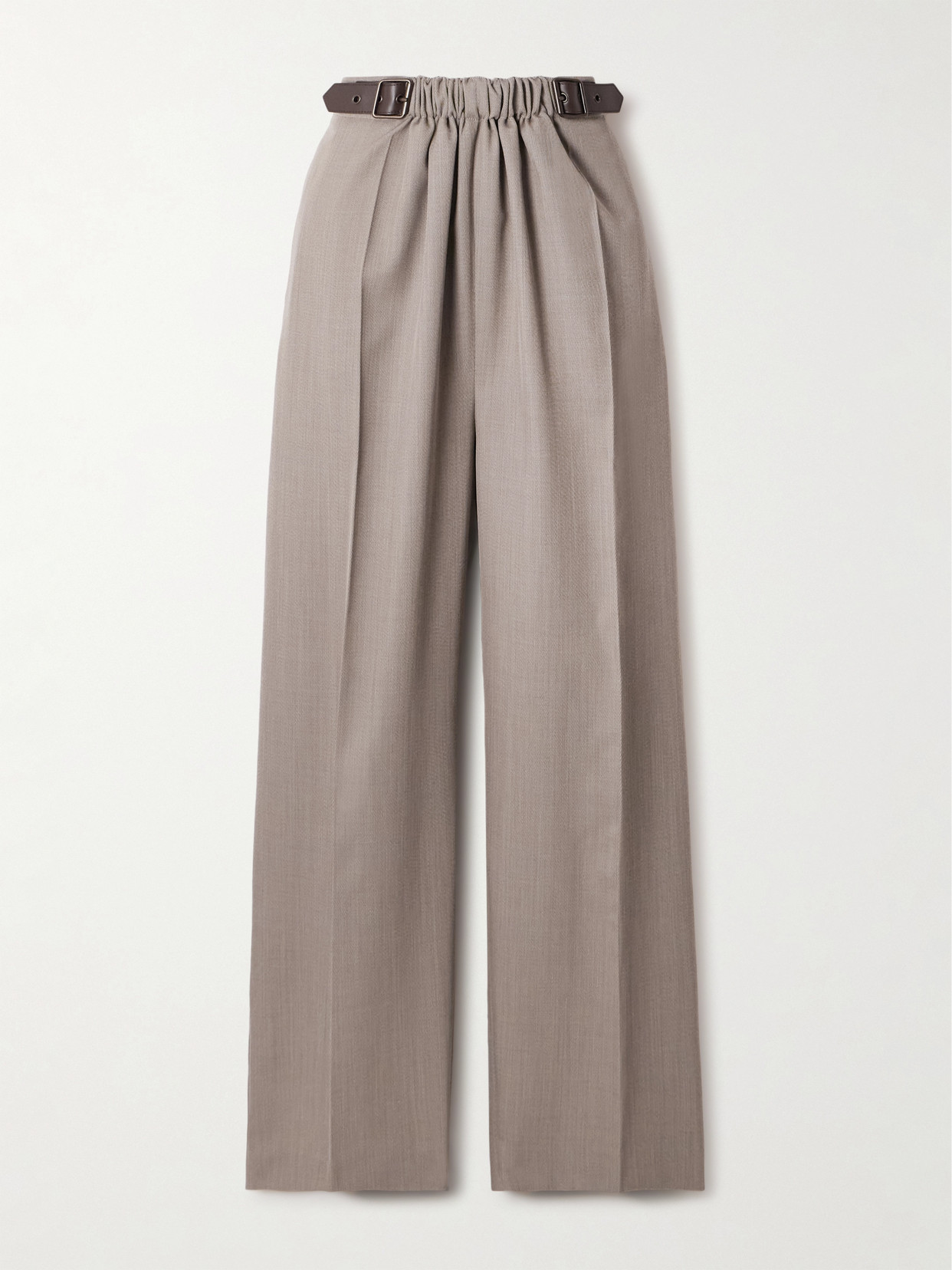 Loewe Leather-trimmed Pleated Wool-twill Straight-leg Pants In Neutral