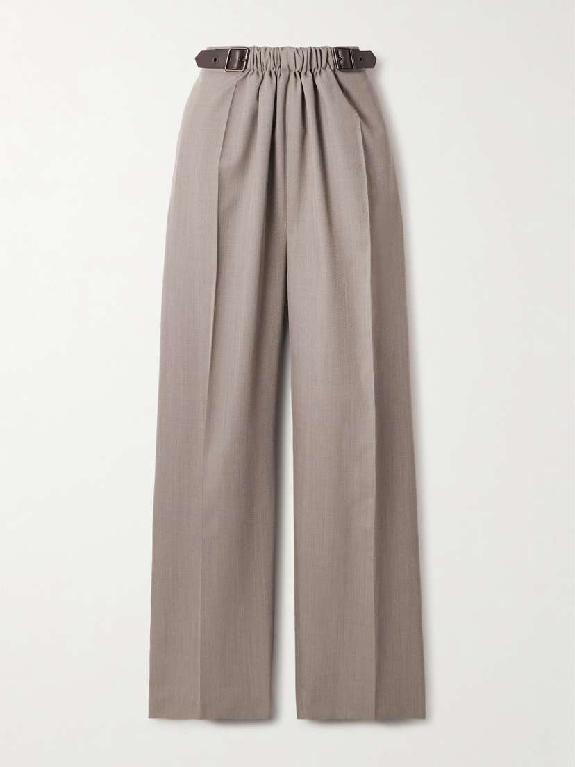 Loewe Leather-trimmed Pleated Wool-twill Straight-leg Pants