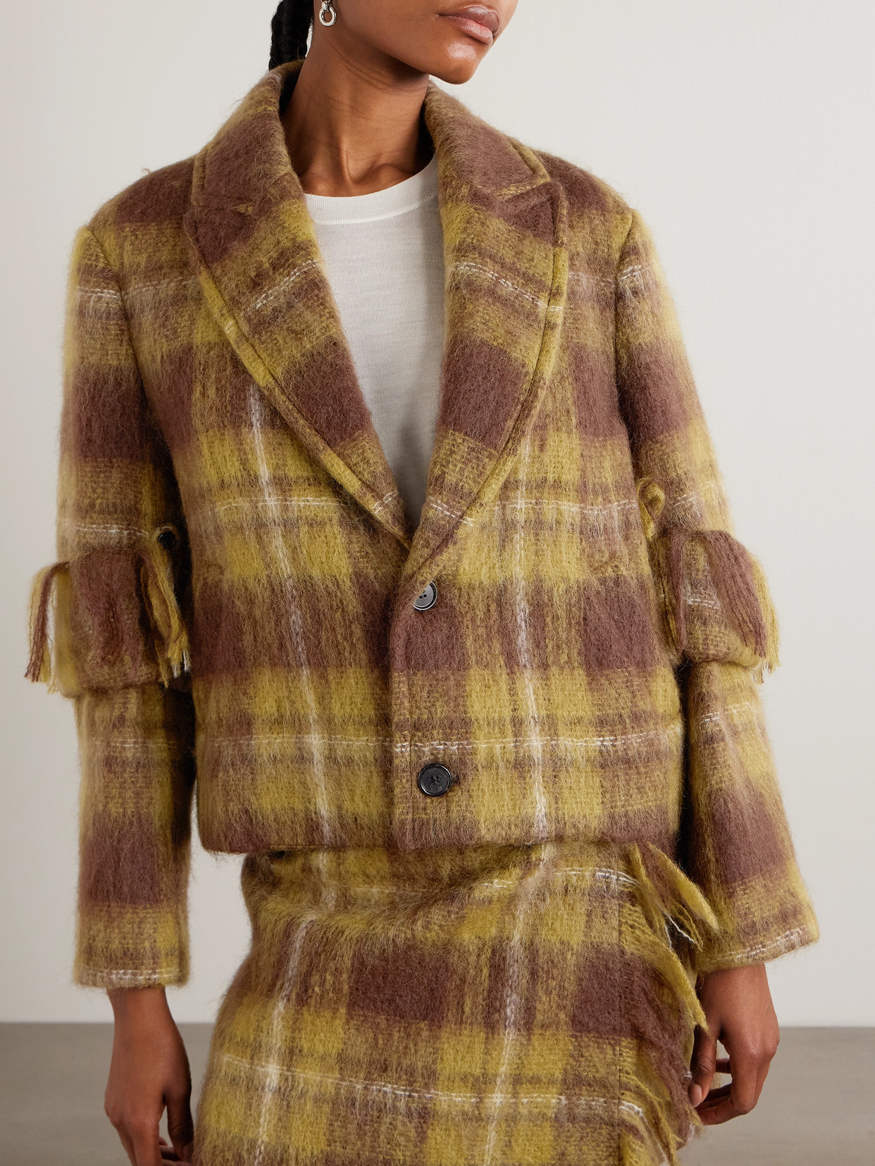 Loewe Scarf-detailed Checked Mohair And Wool-blend Jacket In Brown