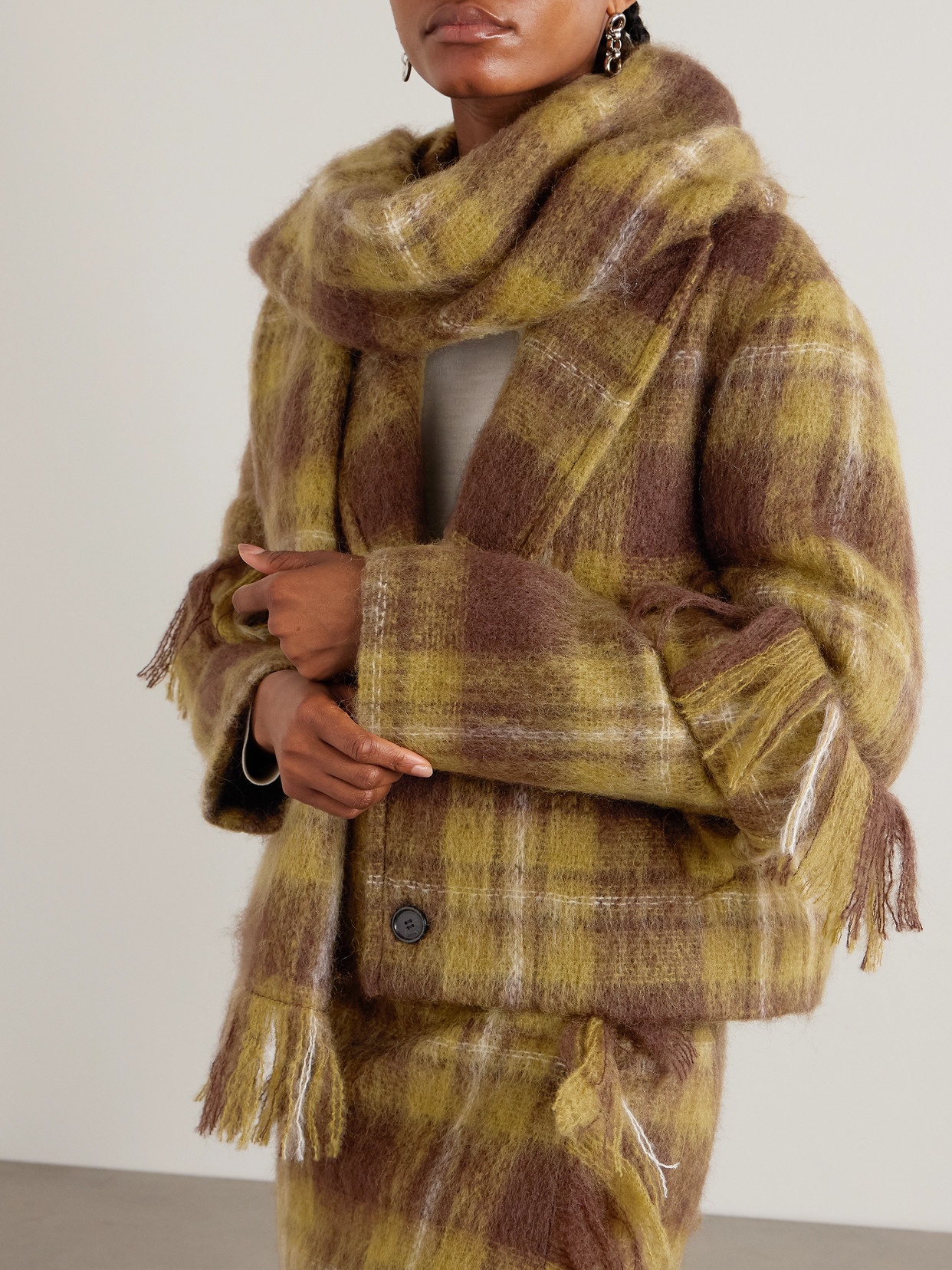 Loewe Scarf-detailed Checked Mohair And Wool-blend Jacket In Brown