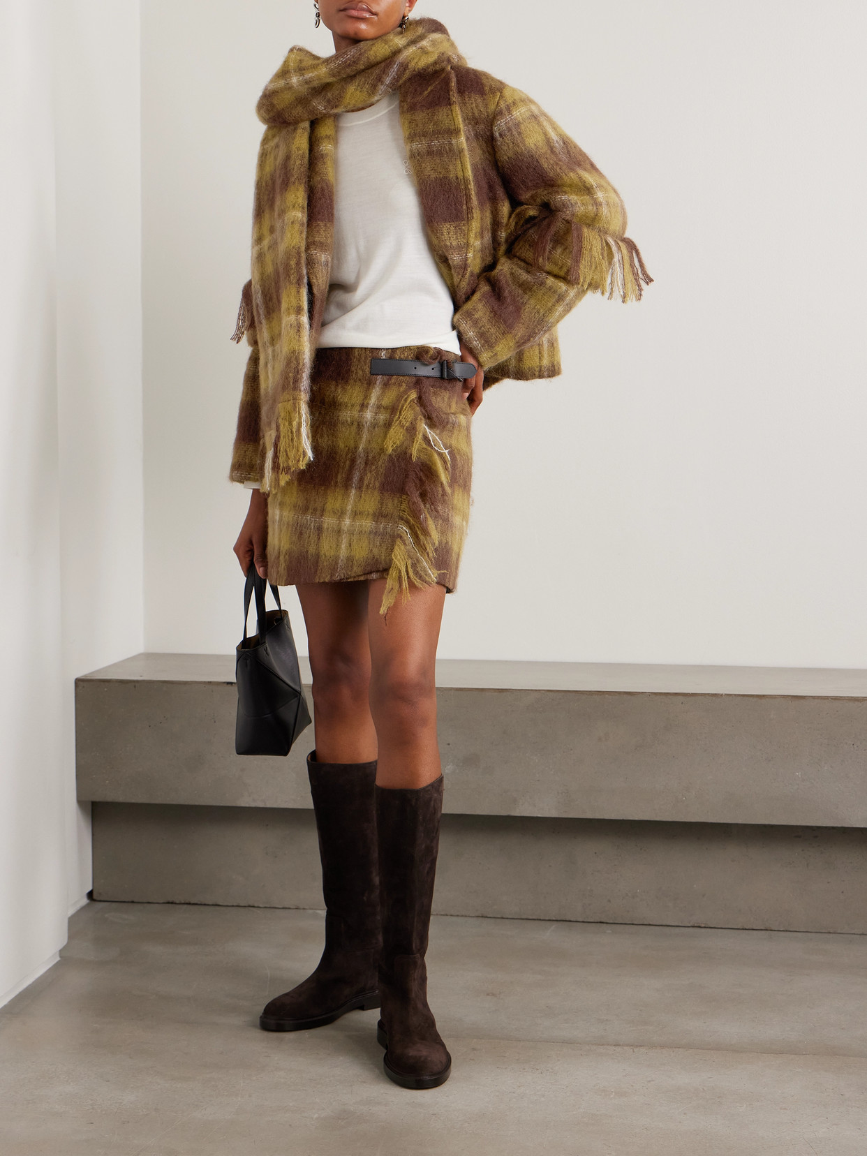 Loewe Scarf-detailed Checked Mohair And Wool-blend Jacket In Brown