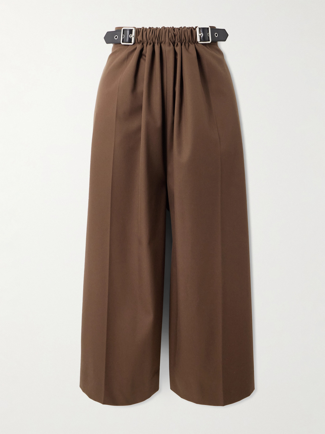 Loewe Cropped Leather-trimmed Cotton And Silk-blend Twill Wide-leg Pants In Brown