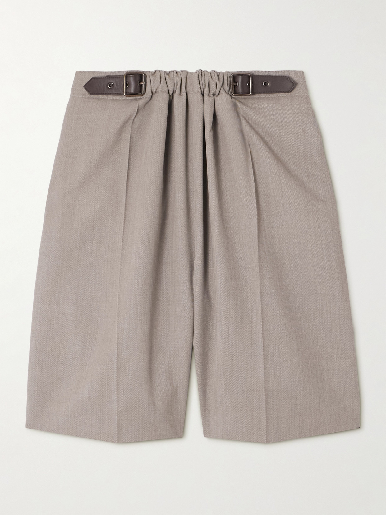 Loewe Leather-trimmed Gathered Wool-twill Shorts In Neutral