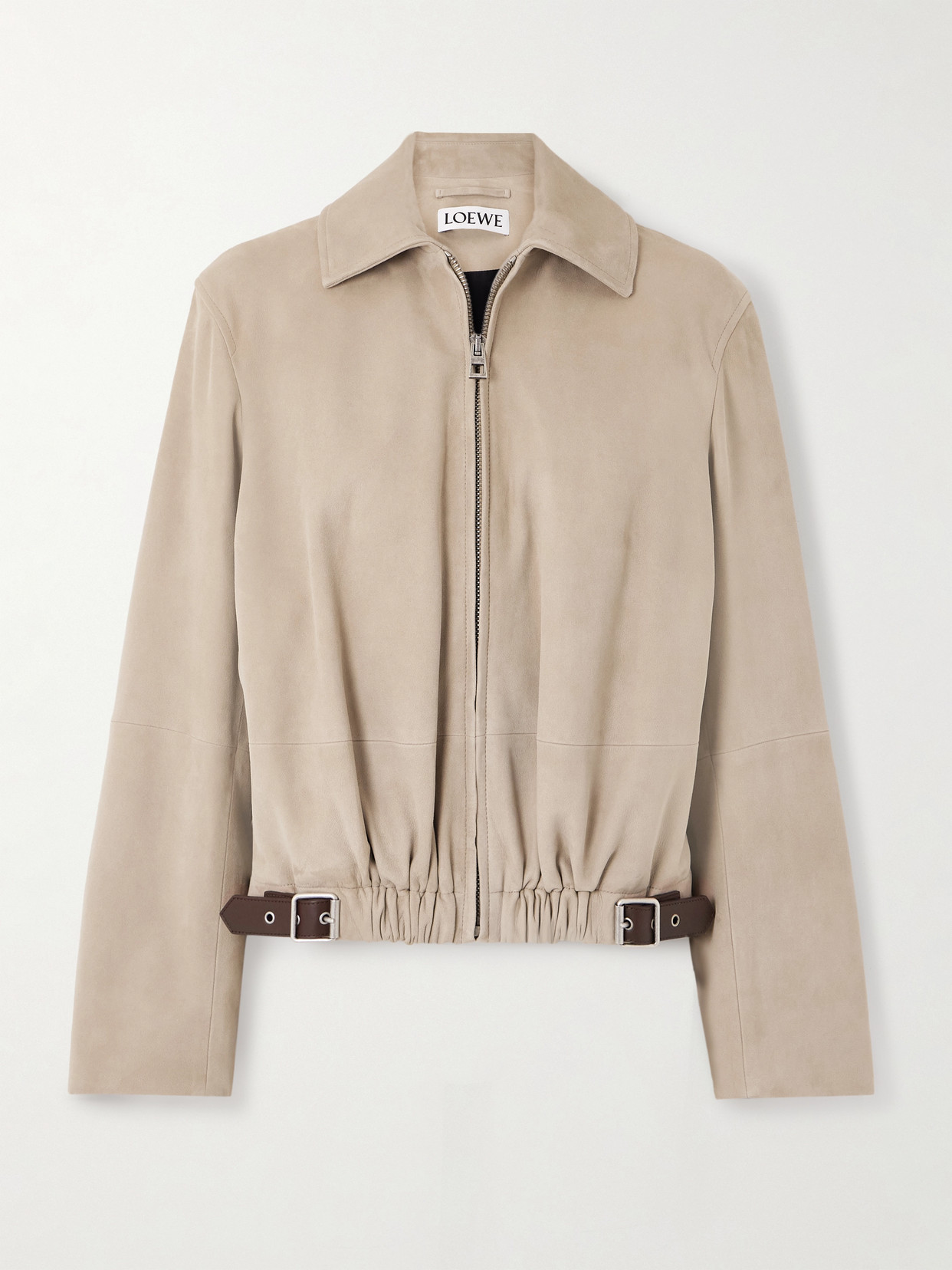 Loewe Buckle-embellished Leather-trimmed Suede Jacket In Neutral