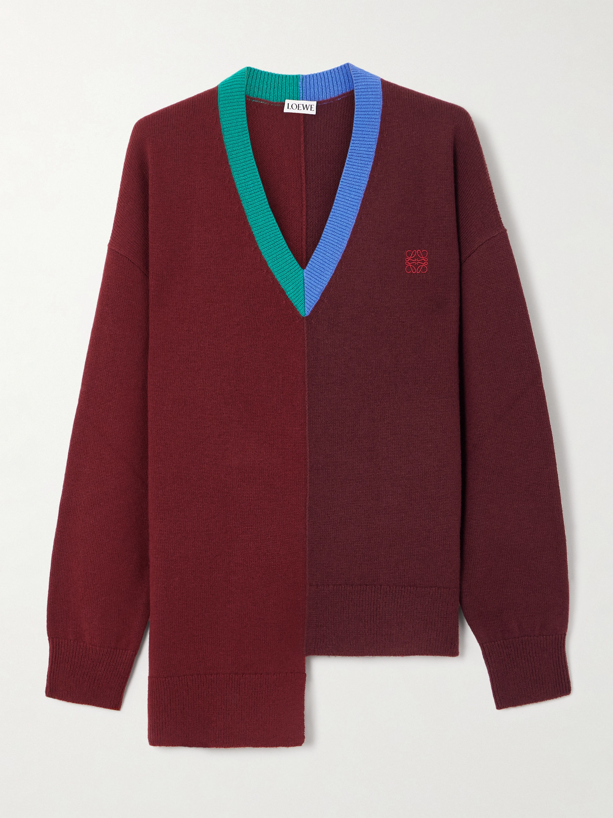 Loewe Asymmetric Embroidered Wool-blend Sweater In Burgundy