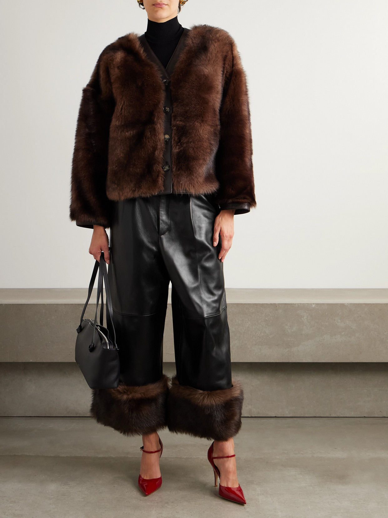 Loewe Convertible Cropped Shearling-trimmed Leather Wide-leg Pants In Black