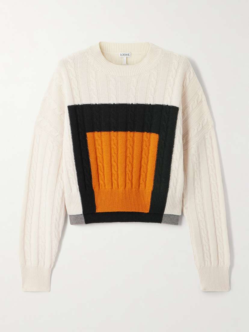 Loewe Paneled Color-block Cable-knit Wool Sweater