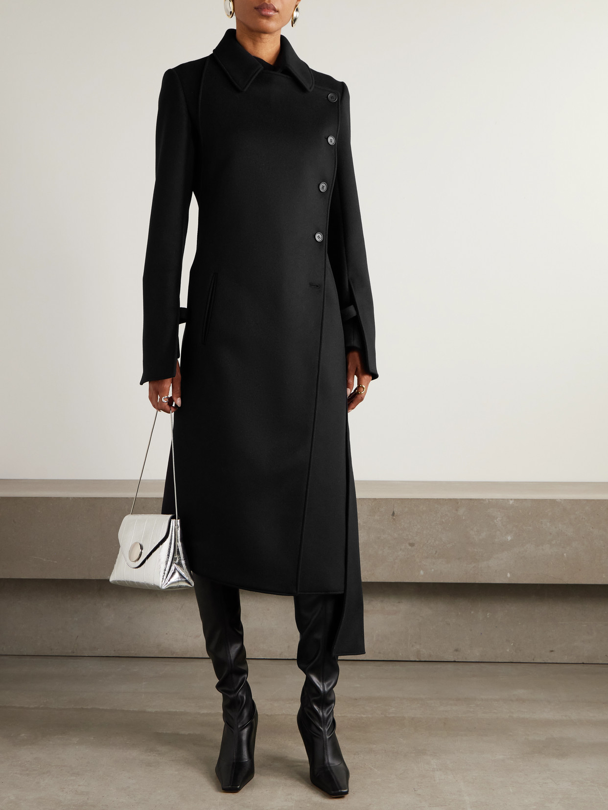 Courrèges Double-breasted Asymmetric Wool And Silk-blend Coat In Black